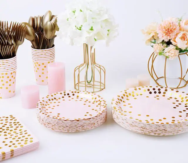 Alt view image 7 of 7 - Pink and Gold Party Supplies - 350 PCS Disposable Dinnerware Set - Pink Paper Plates Napkins Cups, Gold Plastic Forks Knives Spoon for Graduation, Birthday, Thanksgiving, Cocktail Party