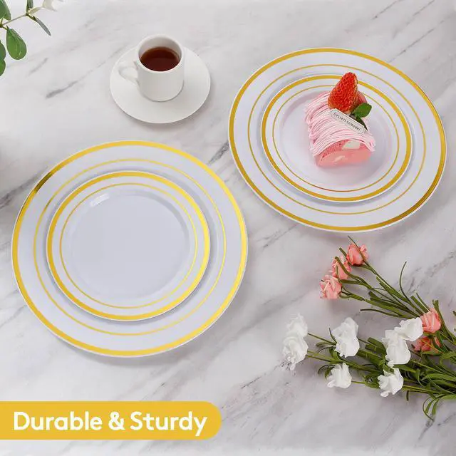 Alt view image 2 of 7 - 200PCS Gold Plastic Plates, Heavy Duty Disposable Gold Plates with 100 10.25 inch Dinner Plates and 100 7.5 inch Dessert Plates for Party, Holiday, Wedding, Thanksgiving