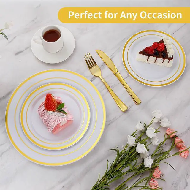 Alt view image 3 of 7 - 200PCS Gold Plastic Plates, Heavy Duty Disposable Gold Plates with 100 10.25 inch Dinner Plates and 100 7.5 inch Dessert Plates for Party, Holiday, Wedding, Thanksgiving