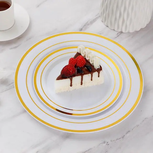 Alt view image 6 of 7 - 200PCS Gold Plastic Plates, Heavy Duty Disposable Gold Plates with 100 10.25 inch Dinner Plates and 100 7.5 inch Dessert Plates for Party, Holiday, Wedding, Thanksgiving