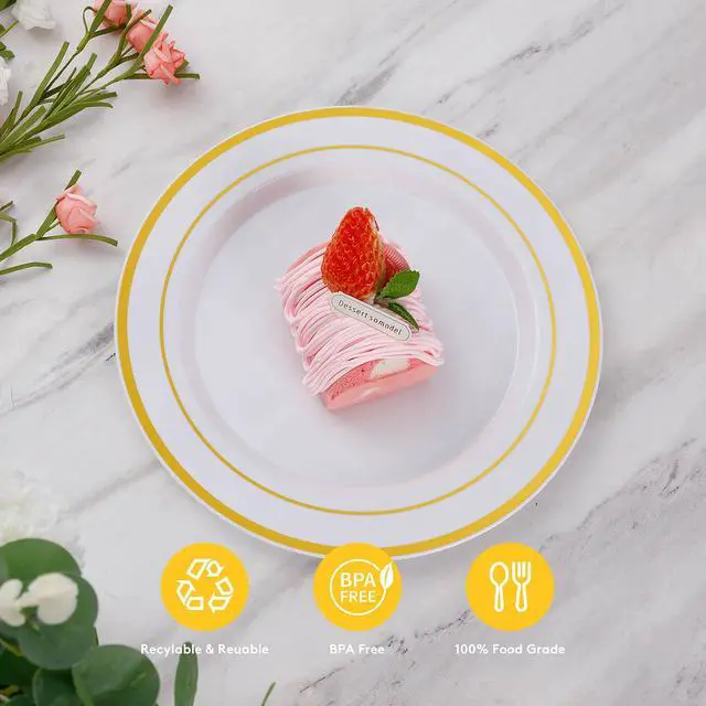 Alt view image 5 of 7 - 200PCS Gold Plastic Plates, Heavy Duty Disposable Gold Plates with 100 10.25 inch Dinner Plates and 100 7.5 inch Dessert Plates for Party, Holiday, Wedding, Thanksgiving