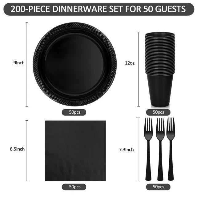 Alt view image 2 of 7 - 200pcs Black Plastic Party Plates Set, Disposable Black Plates and Napkins for Party, 50 Of Each 9" Dinner Plate, Napkins, Cups & Cutlery Plastic Dinnerware for Retirement, Graduation, Birthday, BBQ