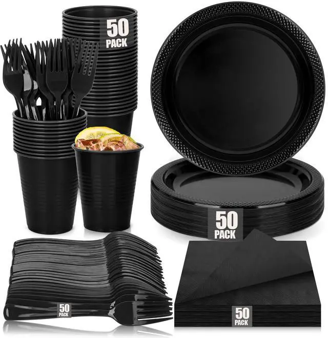 Main image of 200pcs Black Plastic Party Plates Set, Disposable Black Plates and Napkins for Party, 50 Of Each 9" Dinner Plate, Napkins, Cups & Cutlery Plastic Dinnerware for Retirement, Graduation, Birthday, BBQ