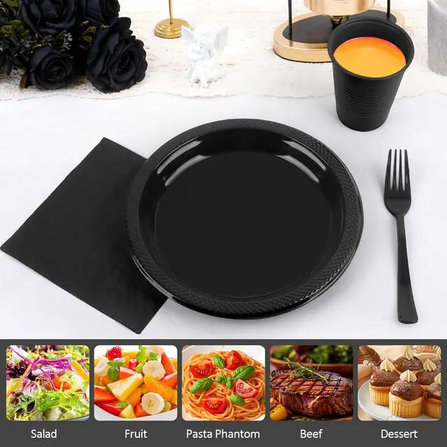 Alt view image 3 of 7 - 200pcs Black Plastic Party Plates Set, Disposable Black Plates and Napkins for Party, 50 Of Each 9" Dinner Plate, Napkins, Cups & Cutlery Plastic Dinnerware for Retirement, Graduation, Birthday, BBQ