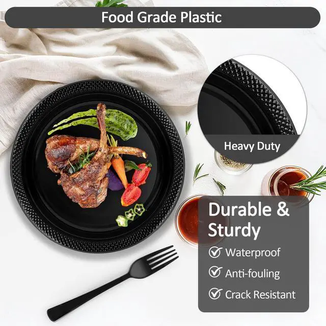 Alt view image 4 of 7 - 200pcs Black Plastic Party Plates Set, Disposable Black Plates and Napkins for Party, 50 Of Each 9" Dinner Plate, Napkins, Cups & Cutlery Plastic Dinnerware for Retirement, Graduation, Birthday, BBQ