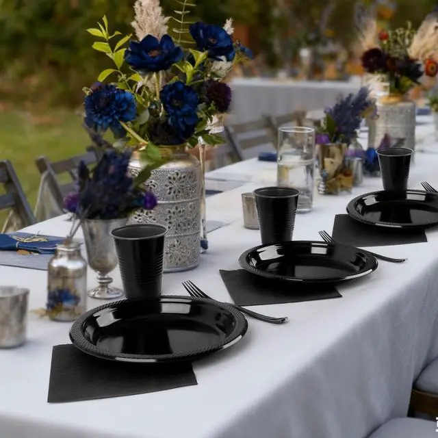 Alt view image 5 of 7 - 200pcs Black Plastic Party Plates Set, Disposable Black Plates and Napkins for Party, 50 Of Each 9" Dinner Plate, Napkins, Cups & Cutlery Plastic Dinnerware for Retirement, Graduation, Birthday, BBQ