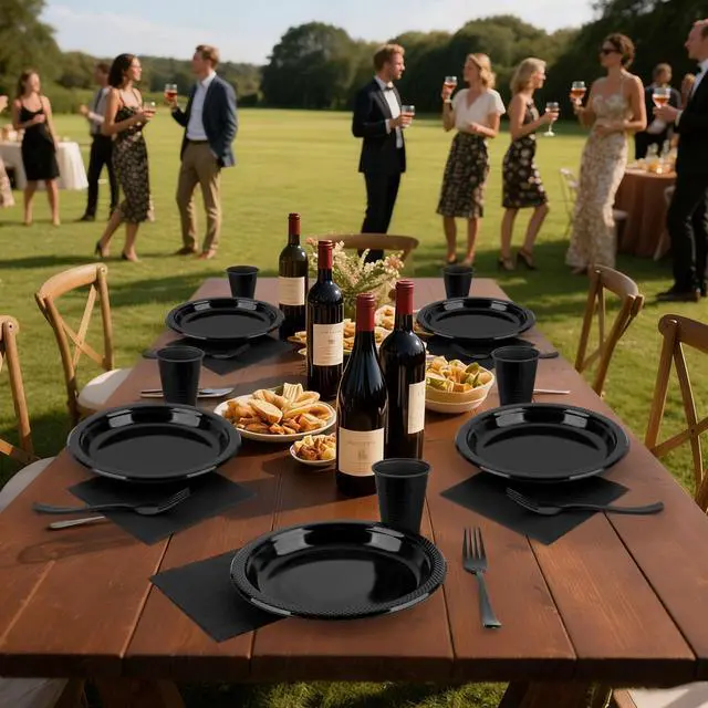 Alt view image 6 of 7 - 200pcs Black Plastic Party Plates Set, Disposable Black Plates and Napkins for Party, 50 Of Each 9" Dinner Plate, Napkins, Cups & Cutlery Plastic Dinnerware for Retirement, Graduation, Birthday, BBQ