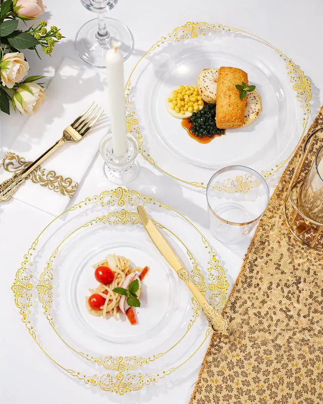 Alt view image 2 of 7 - 175PCS Clear Gold Plastic Plates - Gold Disposable Dinnerware Set for 25 Guests Include 50 Disposable Plates, 75 Plastic Silverware, 25 Cups, 25 Napkins for Wedding & Party