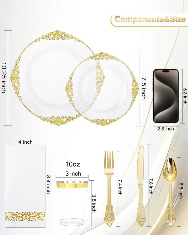 Alt view image 3 of 7 - 175PCS Clear Gold Plastic Plates - Gold Disposable Dinnerware Set for 25 Guests Include 50 Disposable Plates, 75 Plastic Silverware, 25 Cups, 25 Napkins for Wedding & Party