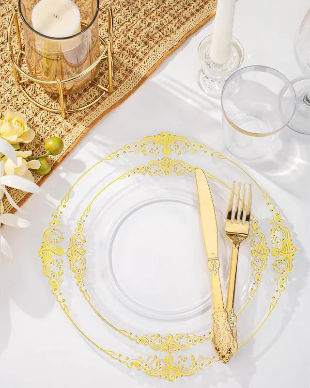 Alt view image 4 of 7 - 175PCS Clear Gold Plastic Plates - Gold Disposable Dinnerware Set for 25 Guests Include 50 Disposable Plates, 75 Plastic Silverware, 25 Cups, 25 Napkins for Wedding & Party