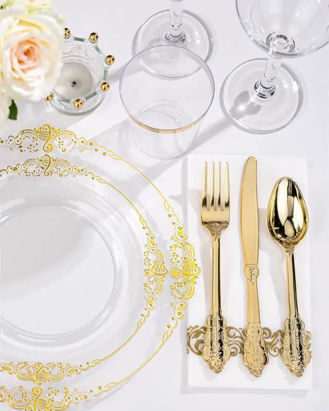 Alt view image 5 of 7 - 175PCS Clear Gold Plastic Plates - Gold Disposable Dinnerware Set for 25 Guests Include 50 Disposable Plates, 75 Plastic Silverware, 25 Cups, 25 Napkins for Wedding & Party