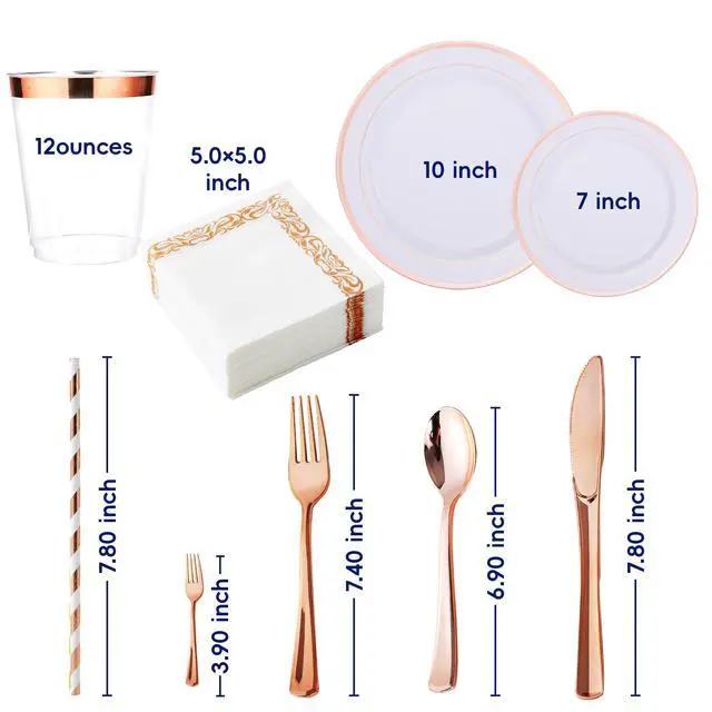 Alt view image 3 of 7 - 250 Count Rose Gold Disposable Plastic Dinnerware Set, 50 Rose Gold Plastic Plates, 25 Silverware, 25 Cups and Straws, 50 Napkins, Perfect for Wedding Party