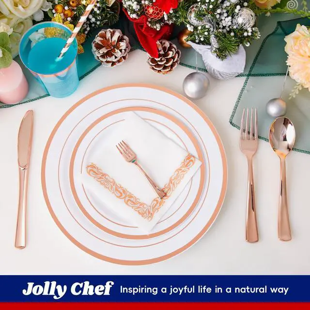 Alt view image 2 of 7 - 250 Count Rose Gold Disposable Plastic Dinnerware Set, 50 Rose Gold Plastic Plates, 25 Silverware, 25 Cups and Straws, 50 Napkins, Perfect for Wedding Party