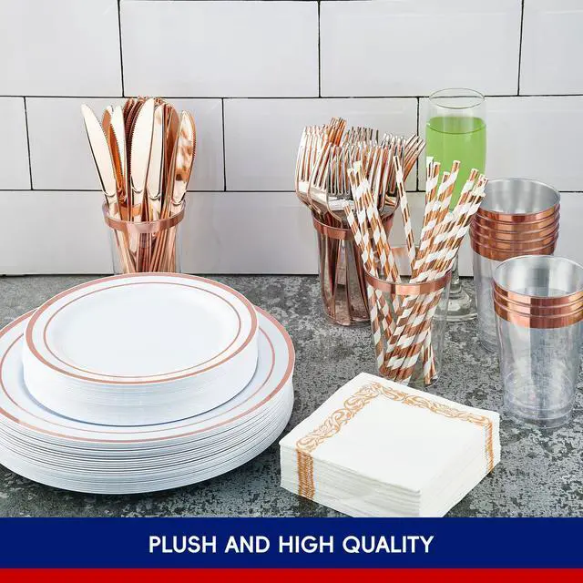 Alt view image 5 of 7 - 250 Count Rose Gold Disposable Plastic Dinnerware Set, 50 Rose Gold Plastic Plates, 25 Silverware, 25 Cups and Straws, 50 Napkins, Perfect for Wedding Party