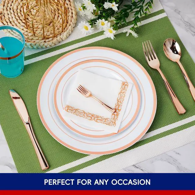 Alt view image 7 of 7 - 250 Count Rose Gold Disposable Plastic Dinnerware Set, 50 Rose Gold Plastic Plates, 25 Silverware, 25 Cups and Straws, 50 Napkins, Perfect for Wedding Party