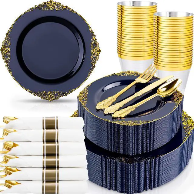Main image of 350Pcs Blue Plastic Plates - Blue Gold Plastic Dinnerware Sets for 50 Guests - 100 Navy Gold Disposable Plates, 50 Pre Rolled Silverware, 50 Cups Perfect for Wedding & Party & Memorial Day
