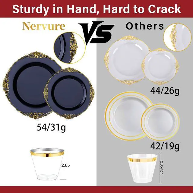 Alt view image 3 of 7 - 350Pcs Blue Plastic Plates - Blue Gold Plastic Dinnerware Sets for 50 Guests - 100 Navy Gold Disposable Plates, 50 Pre Rolled Silverware, 50 Cups Perfect for Wedding & Party & Memorial Day