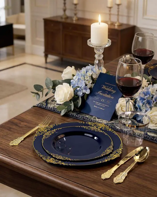 Alt view image 2 of 7 - 350Pcs Blue Plastic Plates - Blue Gold Plastic Dinnerware Sets for 50 Guests - 100 Navy Gold Disposable Plates, 50 Pre Rolled Silverware, 50 Cups Perfect for Wedding & Party & Memorial Day