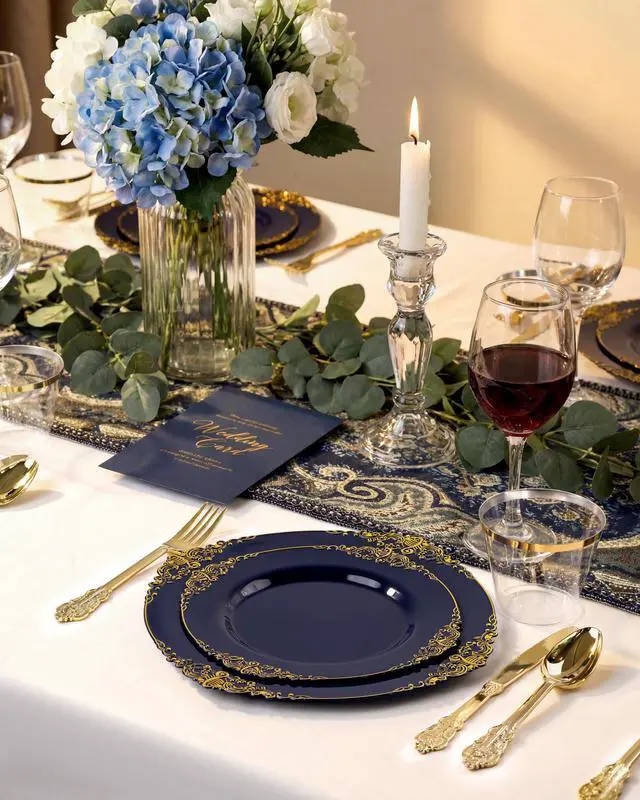 Alt view image 5 of 7 - 350Pcs Blue Plastic Plates - Blue Gold Plastic Dinnerware Sets for 50 Guests - 100 Navy Gold Disposable Plates, 50 Pre Rolled Silverware, 50 Cups Perfect for Wedding & Party & Memorial Day