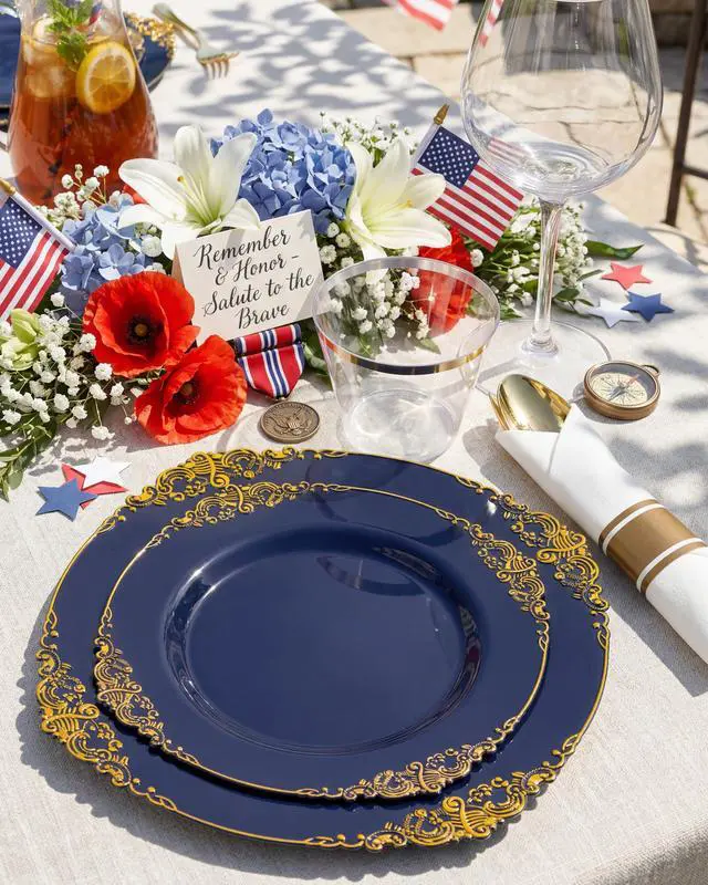 Alt view image 6 of 7 - 350Pcs Blue Plastic Plates - Blue Gold Plastic Dinnerware Sets for 50 Guests - 100 Navy Gold Disposable Plates, 50 Pre Rolled Silverware, 50 Cups Perfect for Wedding & Party & Memorial Day