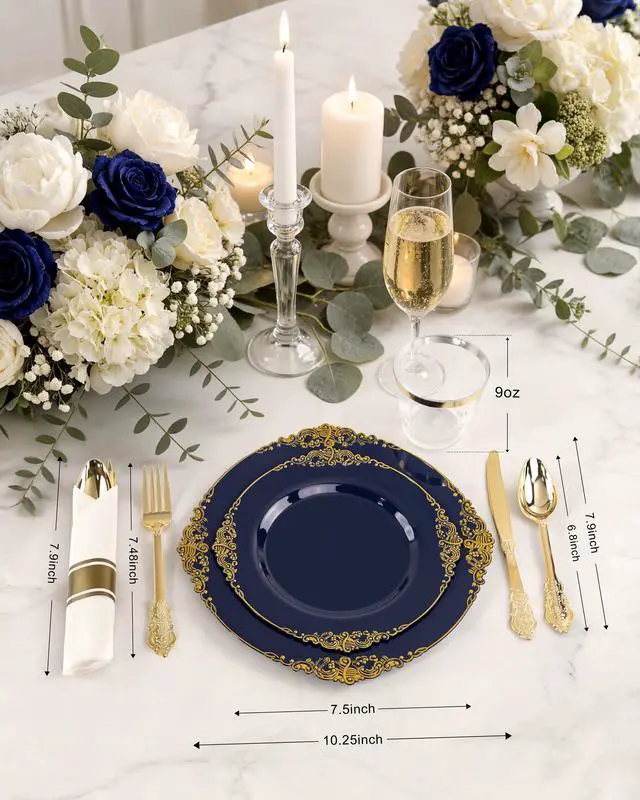 Alt view image 7 of 7 - 350Pcs Blue Plastic Plates - Blue Gold Plastic Dinnerware Sets for 50 Guests - 100 Navy Gold Disposable Plates, 50 Pre Rolled Silverware, 50 Cups Perfect for Wedding & Party & Memorial Day