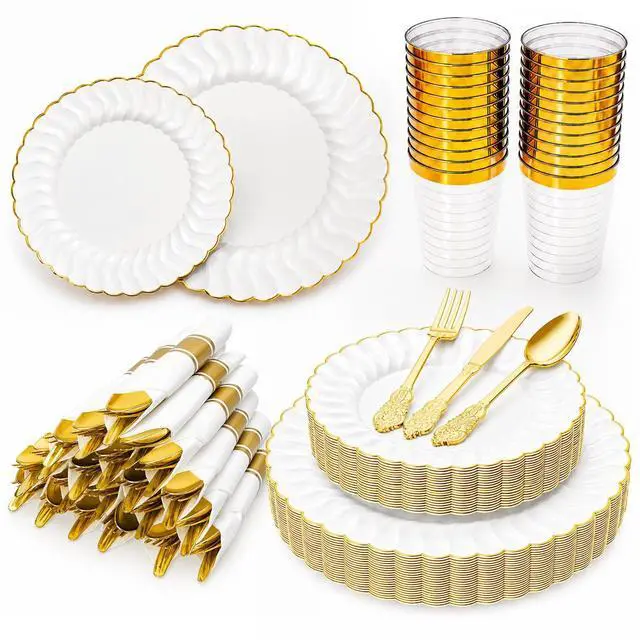Main image of 175PCS White and Gold Plastic Plates Set - Heavy Duty Disposable Dinner & Dessert Plates for 25 Guests - Perfect for Graduation Party, Wedding, Birthday, Easter, Baby Shower, Celebration