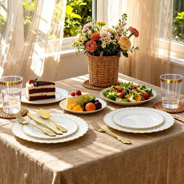 Alt view image 2 of 7 - 175PCS White and Gold Plastic Plates Set - Heavy Duty Disposable Dinner & Dessert Plates for 25 Guests - Perfect for Graduation Party, Wedding, Birthday, Easter, Baby Shower, Celebration