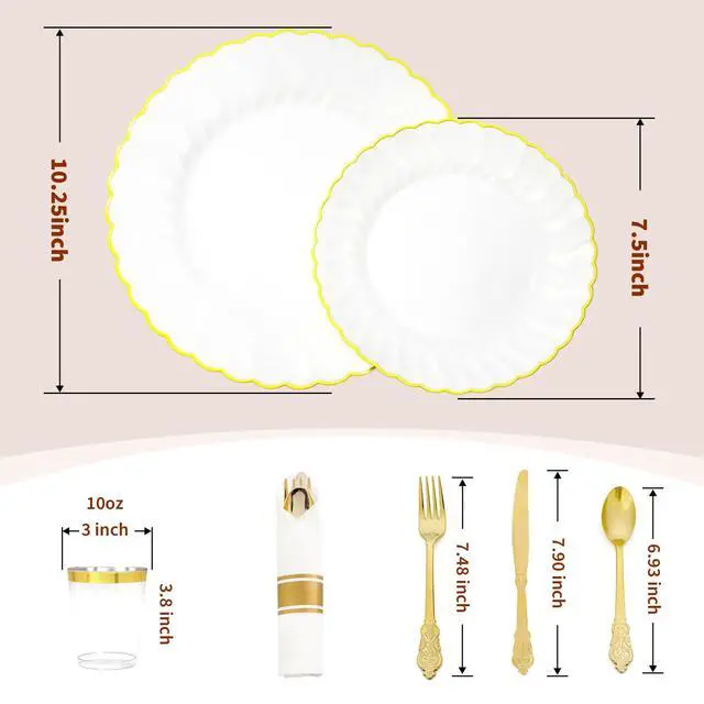 Alt view image 3 of 7 - 175PCS White and Gold Plastic Plates Set - Heavy Duty Disposable Dinner & Dessert Plates for 25 Guests - Perfect for Graduation Party, Wedding, Birthday, Easter, Baby Shower, Celebration
