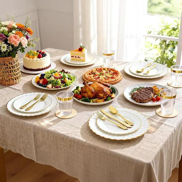 Alt view image 4 of 7 - 175PCS White and Gold Plastic Plates Set - Heavy Duty Disposable Dinner & Dessert Plates for 25 Guests - Perfect for Graduation Party, Wedding, Birthday, Easter, Baby Shower, Celebration
