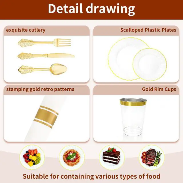 Alt view image 5 of 7 - 175PCS White and Gold Plastic Plates Set - Heavy Duty Disposable Dinner & Dessert Plates for 25 Guests - Perfect for Graduation Party, Wedding, Birthday, Easter, Baby Shower, Celebration
