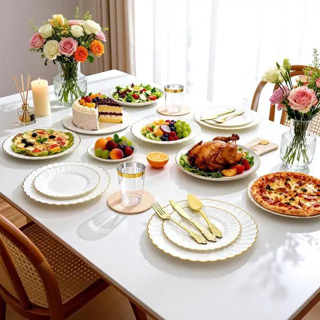 Alt view image 6 of 7 - 175PCS White and Gold Plastic Plates Set - Heavy Duty Disposable Dinner & Dessert Plates for 25 Guests - Perfect for Graduation Party, Wedding, Birthday, Easter, Baby Shower, Celebration