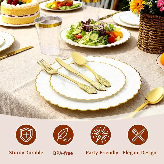 Alt view image 7 of 7 - 175PCS White and Gold Plastic Plates Set - Heavy Duty Disposable Dinner & Dessert Plates for 25 Guests - Perfect for Graduation Party, Wedding, Birthday, Easter, Baby Shower, Celebration