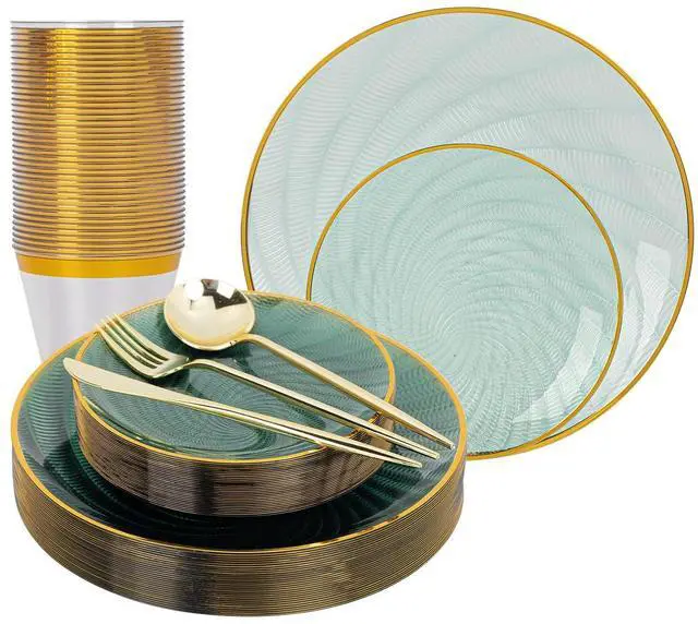 Main image of 180 PCS Disposable Dinnerware Set with Gold Rim for 30 Guests,Green Plastic Plates Include 30 Dinner Plate, 30 Dessert Plates, 30 Cups, 90 Heavy Duty Gold Plastic Silverware for Party & Wedding