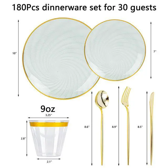 Alt view image 2 of 7 - 180 PCS Disposable Dinnerware Set with Gold Rim for 30 Guests,Green Plastic Plates Include 30 Dinner Plate, 30 Dessert Plates, 30 Cups, 90 Heavy Duty Gold Plastic Silverware for Party & Wedding