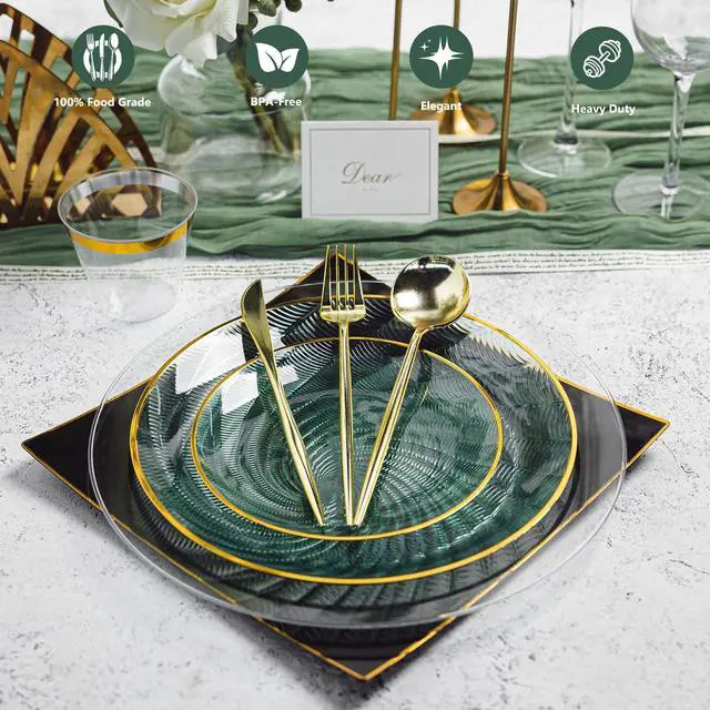 Alt view image 3 of 7 - 180 PCS Disposable Dinnerware Set with Gold Rim for 30 Guests,Green Plastic Plates Include 30 Dinner Plate, 30 Dessert Plates, 30 Cups, 90 Heavy Duty Gold Plastic Silverware for Party & Wedding