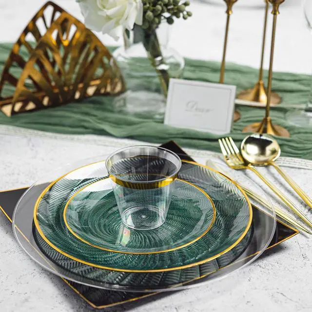 Alt view image 4 of 7 - 180 PCS Disposable Dinnerware Set with Gold Rim for 30 Guests,Green Plastic Plates Include 30 Dinner Plate, 30 Dessert Plates, 30 Cups, 90 Heavy Duty Gold Plastic Silverware for Party & Wedding