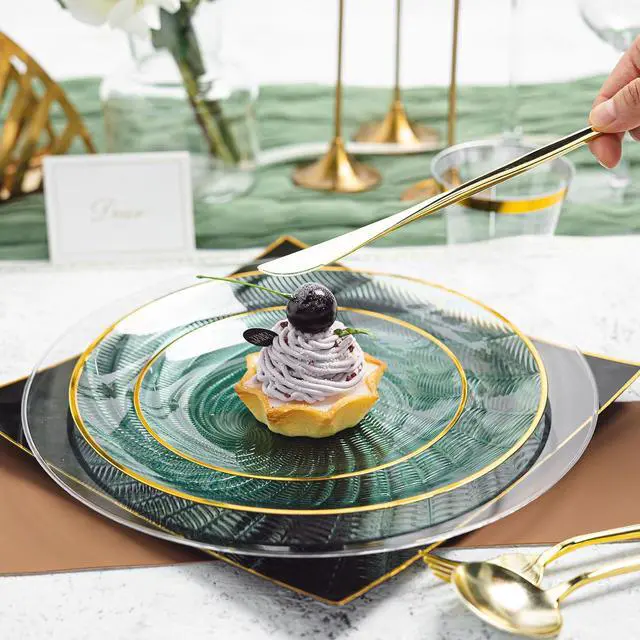 Alt view image 5 of 7 - 180 PCS Disposable Dinnerware Set with Gold Rim for 30 Guests,Green Plastic Plates Include 30 Dinner Plate, 30 Dessert Plates, 30 Cups, 90 Heavy Duty Gold Plastic Silverware for Party & Wedding