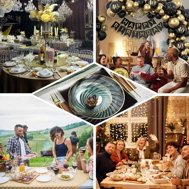 Alt view image 7 of 7 - 180 PCS Disposable Dinnerware Set with Gold Rim for 30 Guests,Green Plastic Plates Include 30 Dinner Plate, 30 Dessert Plates, 30 Cups, 90 Heavy Duty Gold Plastic Silverware for Party & Wedding