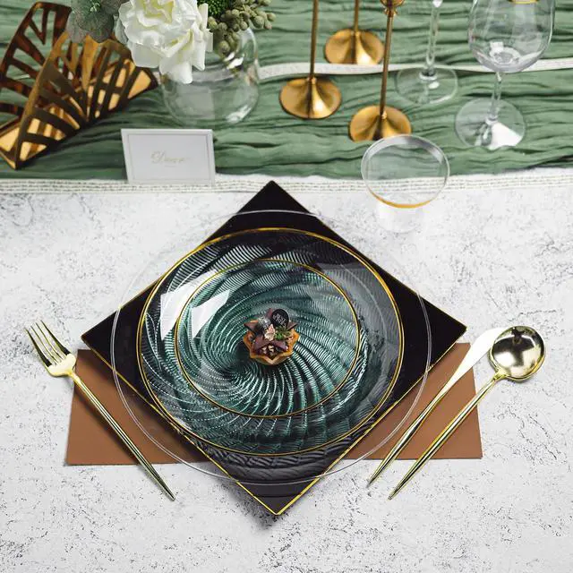 Alt view image 6 of 7 - 180 PCS Disposable Dinnerware Set with Gold Rim for 30 Guests,Green Plastic Plates Include 30 Dinner Plate, 30 Dessert Plates, 30 Cups, 90 Heavy Duty Gold Plastic Silverware for Party & Wedding