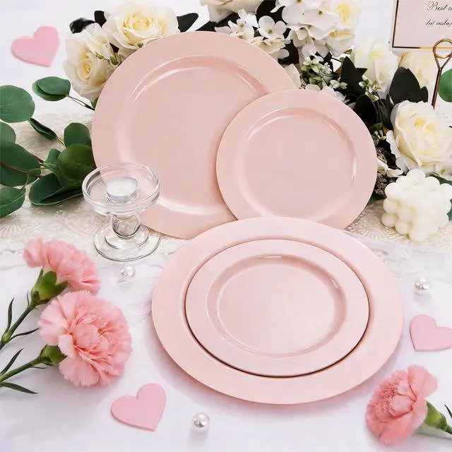 Alt view image 2 of 7 - 60PCS Pink Plastic Plates - Heavy Duty Pink Plates Disposable for Spring Party&Mother's Day/Wedding - serving 30 guests Include 30PCS 10.25inch & 30PCS 7.5inch