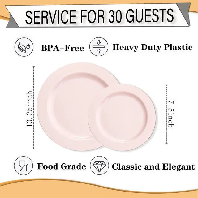 Alt view image 3 of 7 - 60PCS Pink Plastic Plates - Heavy Duty Pink Plates Disposable for Spring Party&Mother's Day/Wedding - serving 30 guests Include 30PCS 10.25inch & 30PCS 7.5inch