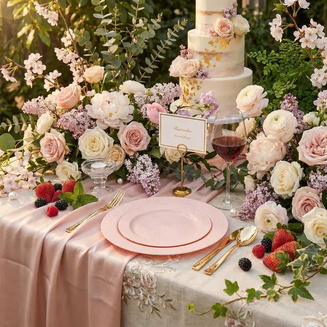 Alt view image 4 of 7 - 60PCS Pink Plastic Plates - Heavy Duty Pink Plates Disposable for Spring Party&Mother's Day/Wedding - serving 30 guests Include 30PCS 10.25inch & 30PCS 7.5inch