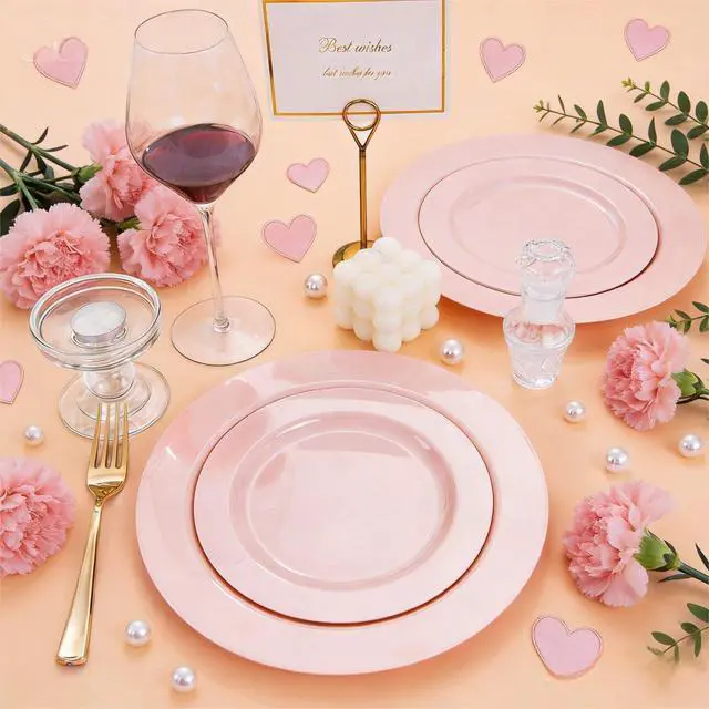 Alt view image 5 of 7 - 60PCS Pink Plastic Plates - Heavy Duty Pink Plates Disposable for Spring Party&Mother's Day/Wedding - serving 30 guests Include 30PCS 10.25inch & 30PCS 7.5inch