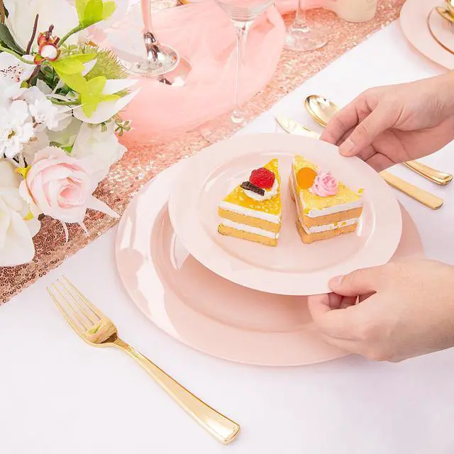 Alt view image 6 of 7 - 60PCS Pink Plastic Plates - Heavy Duty Pink Plates Disposable for Spring Party&Mother's Day/Wedding - serving 30 guests Include 30PCS 10.25inch & 30PCS 7.5inch
