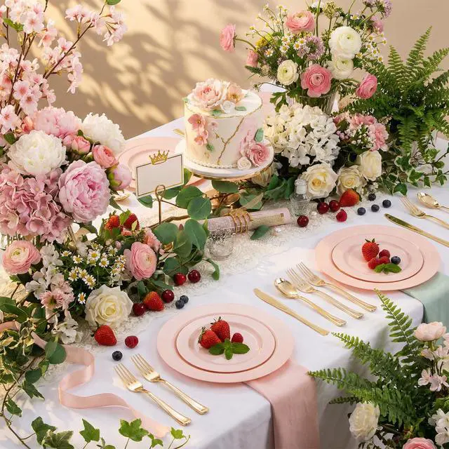 Alt view image 7 of 7 - 60PCS Pink Plastic Plates - Heavy Duty Pink Plates Disposable for Spring Party&Mother's Day/Wedding - serving 30 guests Include 30PCS 10.25inch & 30PCS 7.5inch