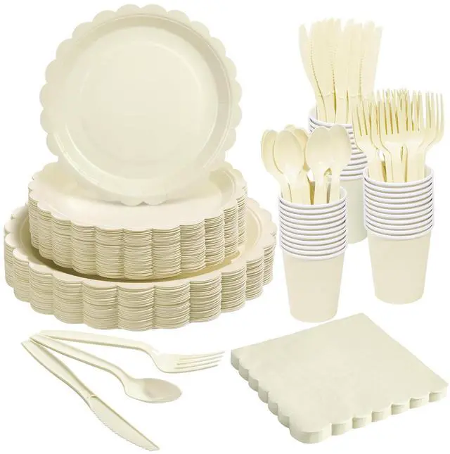 Main image of Ivory Scalloped Disposable Tableware Set - 350PCS (50 Guests), 7"&9" Plates, 9oz Cups, Napkins, Cutlery, Food Grade, Waterproof & Oil-Proof for Birthday, Wedding, Bridal&Baby Shower