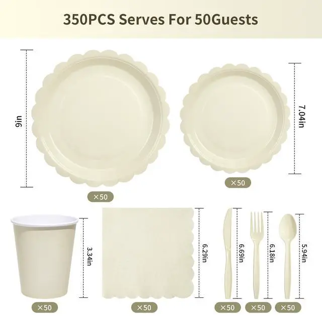 Alt view image 2 of 7 - Ivory Scalloped Disposable Tableware Set - 350PCS (50 Guests), 7"&9" Plates, 9oz Cups, Napkins, Cutlery, Food Grade, Waterproof & Oil-Proof for Birthday, Wedding, Bridal&Baby Shower