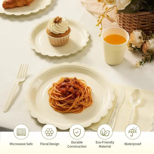 Alt view image 3 of 7 - Ivory Scalloped Disposable Tableware Set - 350PCS (50 Guests), 7"&9" Plates, 9oz Cups, Napkins, Cutlery, Food Grade, Waterproof & Oil-Proof for Birthday, Wedding, Bridal&Baby Shower