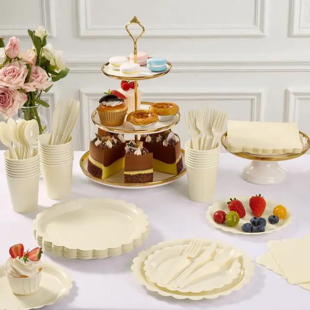 Alt view image 5 of 7 - Ivory Scalloped Disposable Tableware Set - 350PCS (50 Guests), 7"&9" Plates, 9oz Cups, Napkins, Cutlery, Food Grade, Waterproof & Oil-Proof for Birthday, Wedding, Bridal&Baby Shower