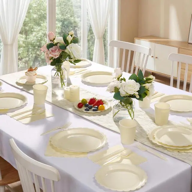 Alt view image 7 of 7 - Ivory Scalloped Disposable Tableware Set - 350PCS (50 Guests), 7"&9" Plates, 9oz Cups, Napkins, Cutlery, Food Grade, Waterproof & Oil-Proof for Birthday, Wedding, Bridal&Baby Shower
